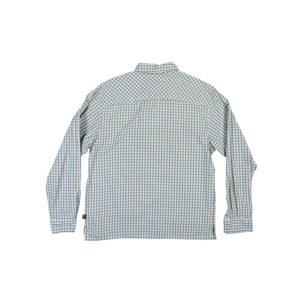 Long sleeve shirt by Howler Bros with a white plaid pattern and pearly snap closure, back view.