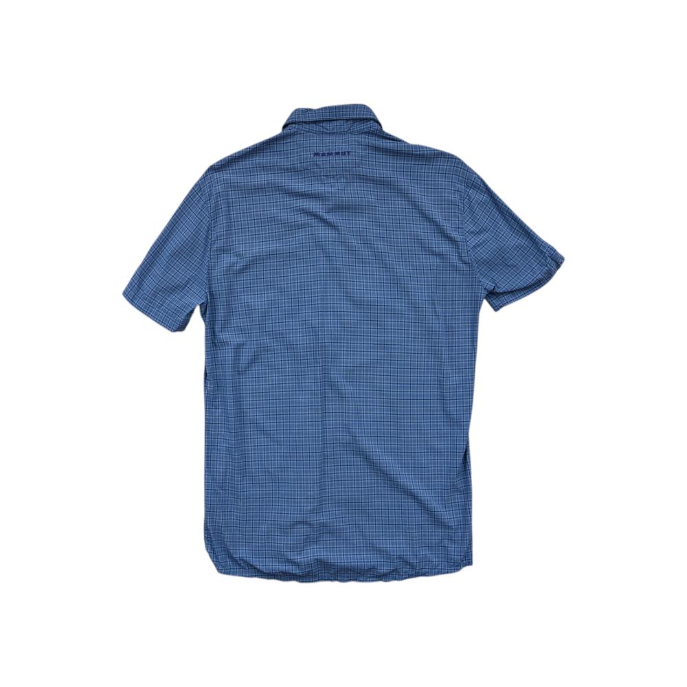Blue button-down shirt by Mammut featuring a plaid pattern, short sleeves, and a collared neckline.