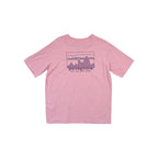 Pink organic cotton t-shirt by Patagonia with a mountain graphic and brand name across the chest.