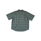 Green button-down shirt by Orvis, featuring a plaid pattern with short sleeves and a classic collar.