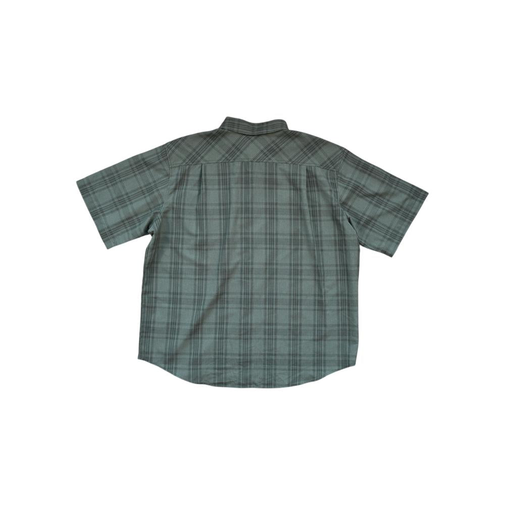 Green button-down shirt by Orvis, featuring a plaid pattern with short sleeves and a classic collar.