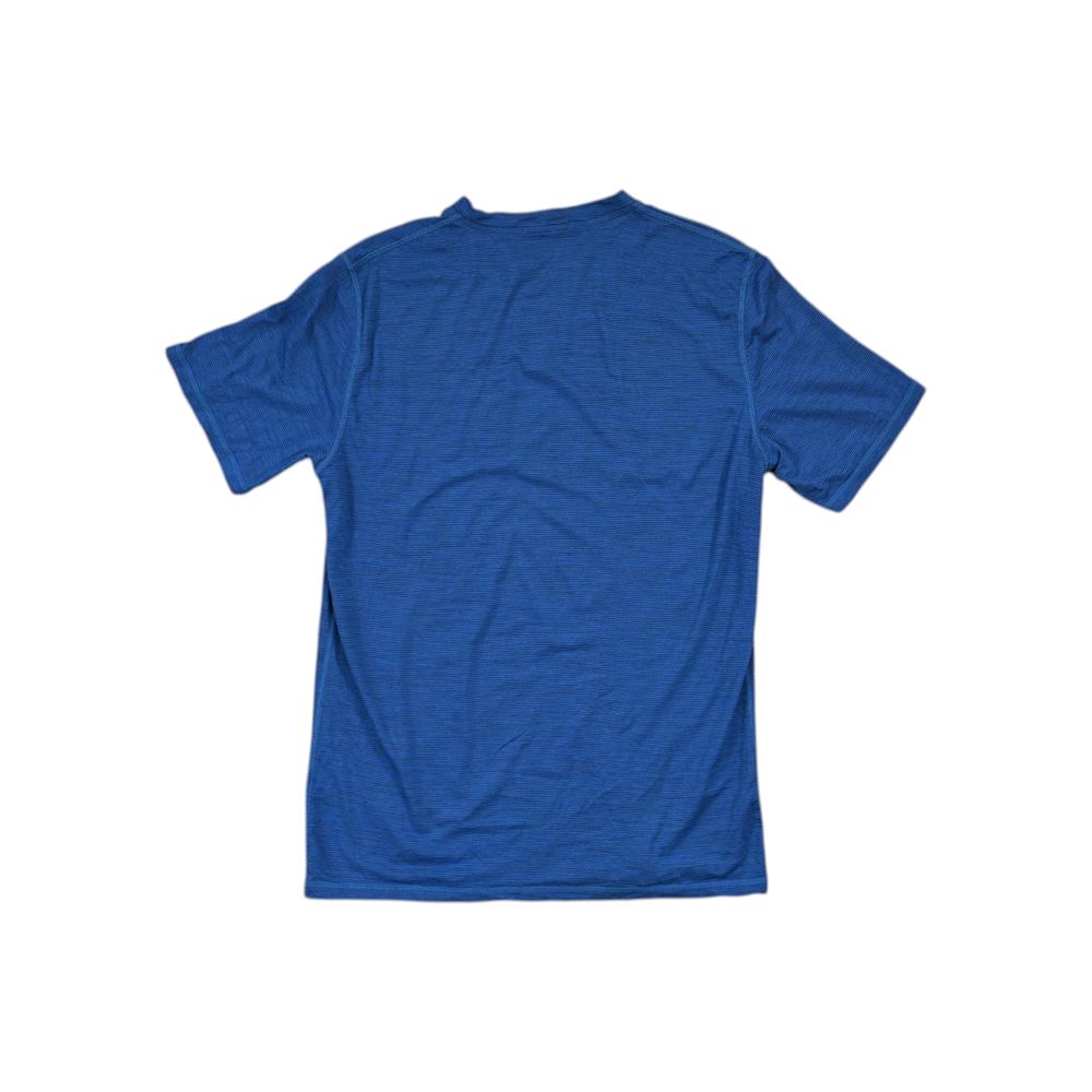Blue merino shirt by Smartwool with a horizontally striped pattern, shown from the back.
