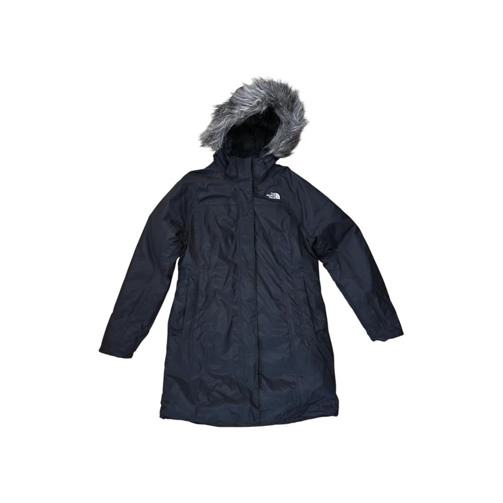Black insulated parka jacket by North Face with a faux fur-trimmed hood.