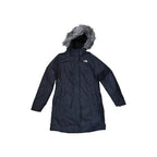 Black insulated parka jacket by North Face with a faux fur-trimmed hood.