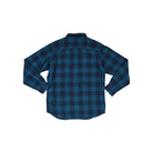 Blue flannel shirt by Columbia in a plaid pattern, seen from the back.