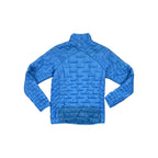 Blue insulated jacket by Patagonia with quilted pattern and darker bottom section.