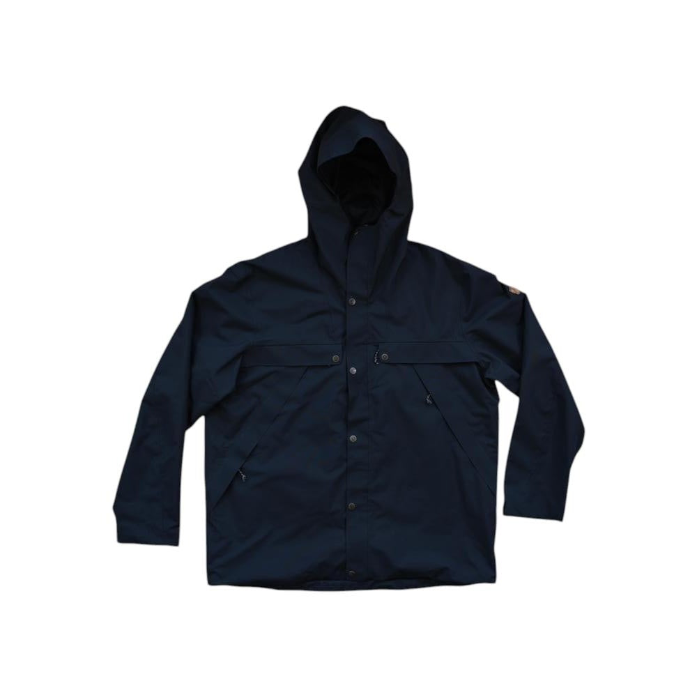 Black rain shell jacket by Fjallraven, featuring a hood and button-down front.