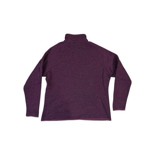 Purple fleece jacket by Patagonia with long sleeves and a high collar.