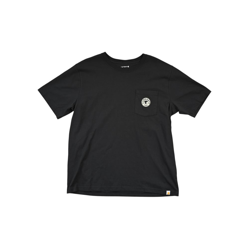 Black t-shirt by Carhartt with a chest pocket and logo graphic.