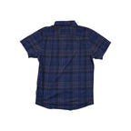 Blue and purple plaid shirt by Flylow, featuring a classic collar and short sleeves.