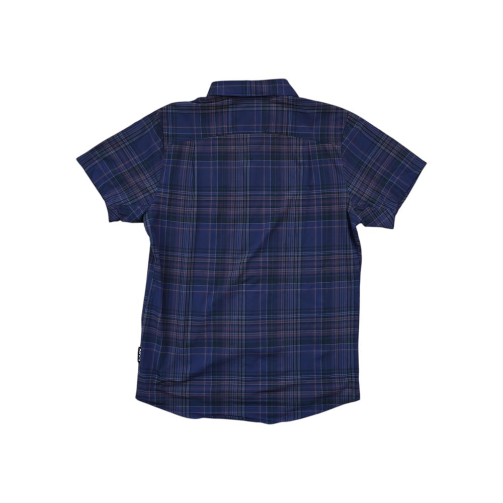 Blue and purple plaid shirt by Flylow, featuring a classic collar and short sleeves.