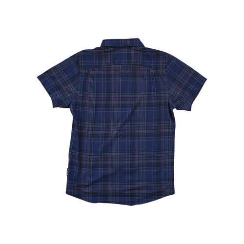 Blue and purple plaid shirt by Flylow, featuring a classic collar and short sleeves.