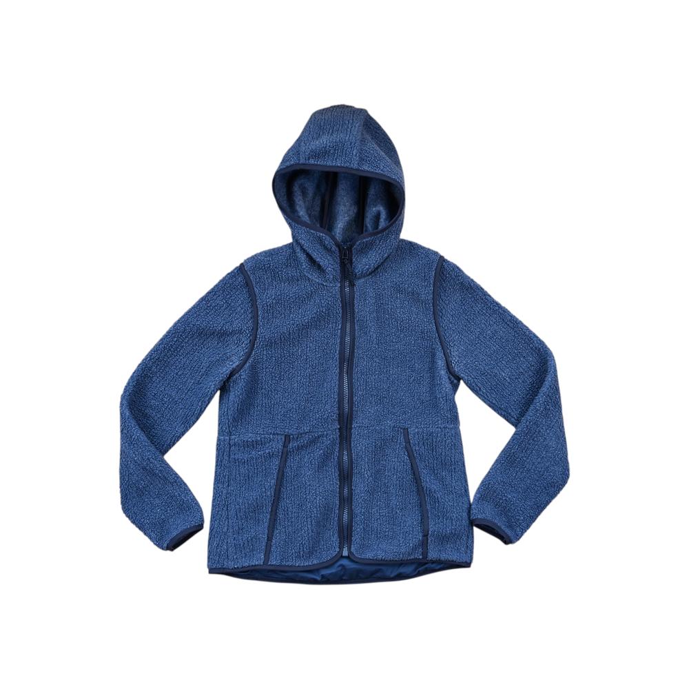 Blue sherpa fleece hoodie for women by REI, with a zippered front and patch pockets.