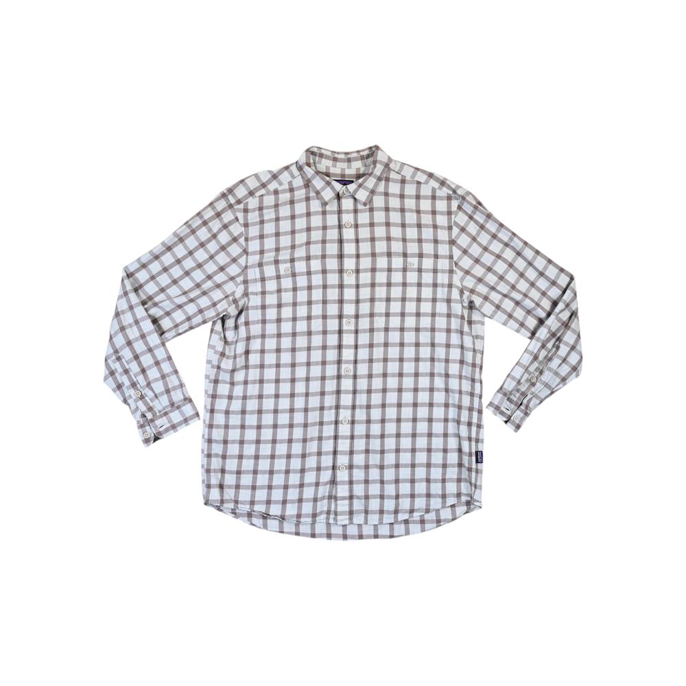Long-sleeve button-down shirt by Patagonia, featuring a brown and grey plaid pattern.