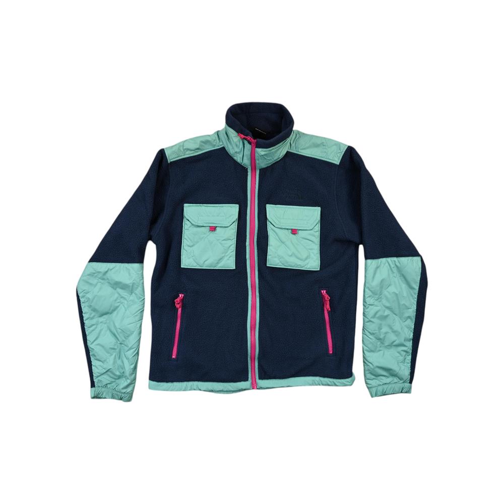 Blue and green fleece jacket by North Face with pink zipper trim and flap pockets.