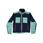Blue and green fleece jacket by North Face with pink zipper trim and flap pockets.