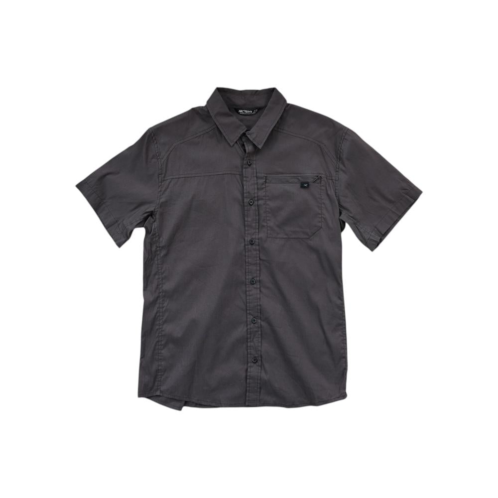 Brown button-down shirt by Arcteryx with short sleeves and a patch pocket.