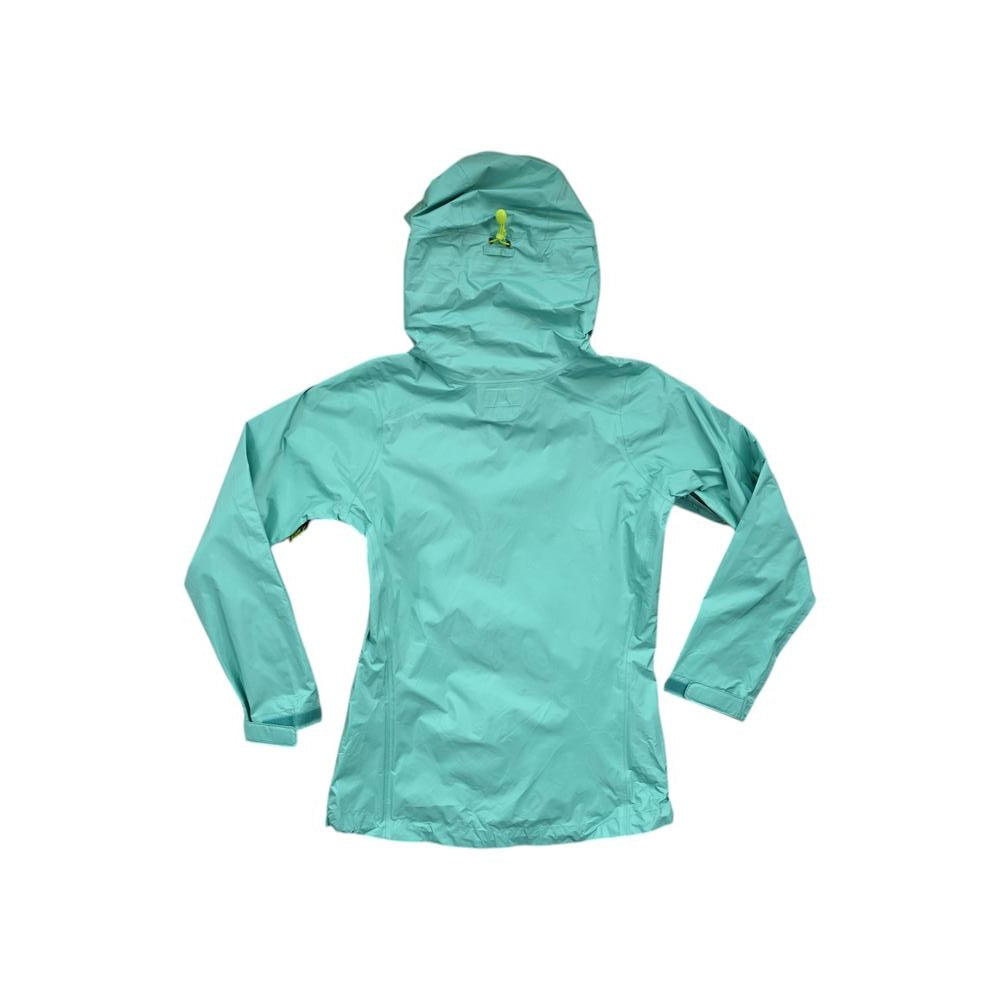 Green rain shell jacket by Patagonia with a hood, shown from the back.