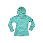 Green rain shell jacket by Patagonia with a hood, shown from the back.