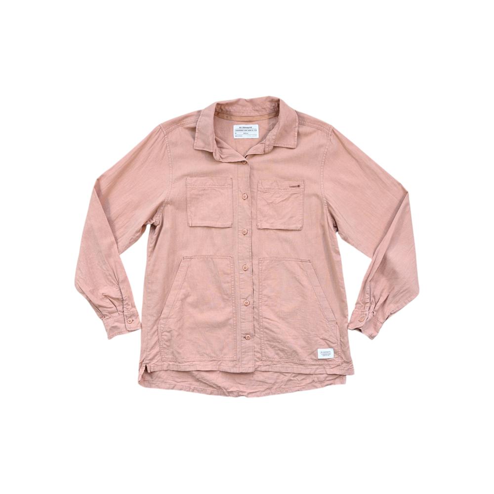 Pink long sleeve hemp shirt by REI, with front pockets and button-down style.