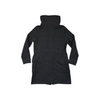 Black sweater coat by Patagonia with a tall collar and long sleeves.