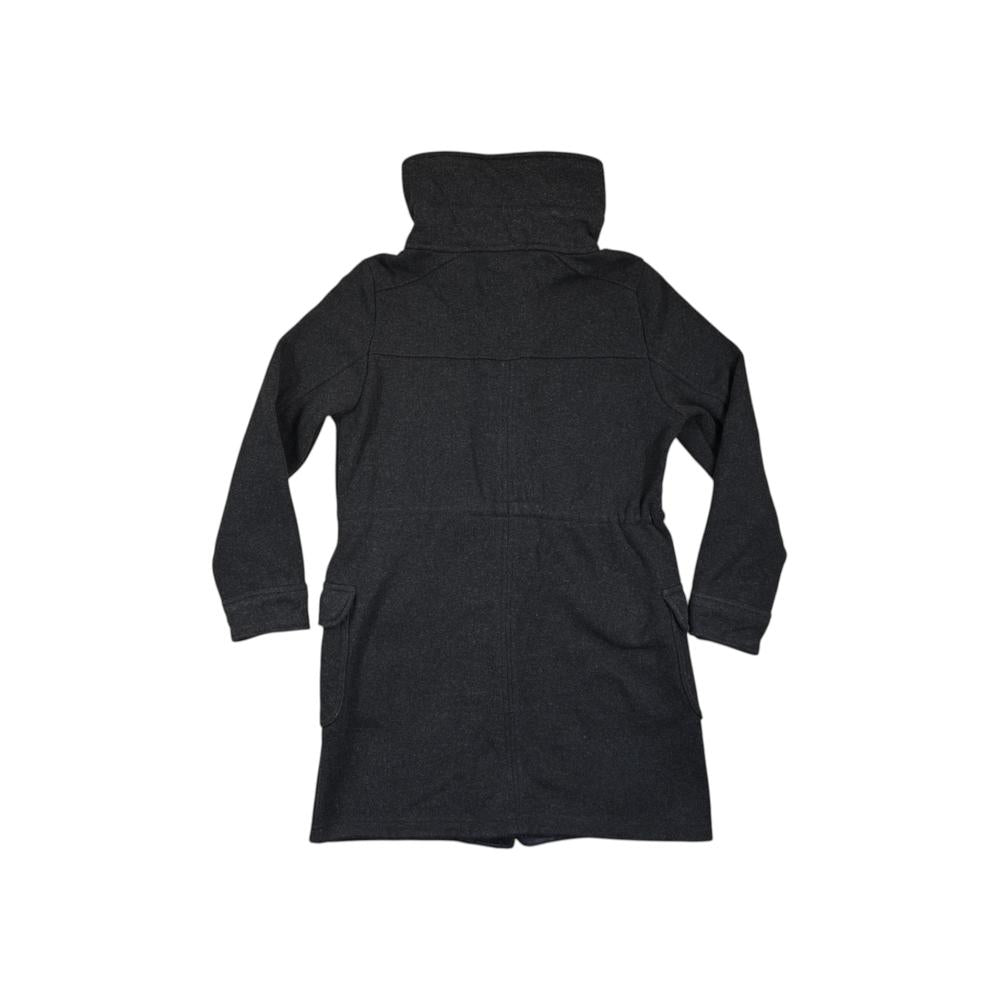 Black sweater coat by Patagonia with a tall collar and long sleeves.