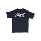 Navy surf wear t-shirt by Patagonia with a graphic text logo across the chest.