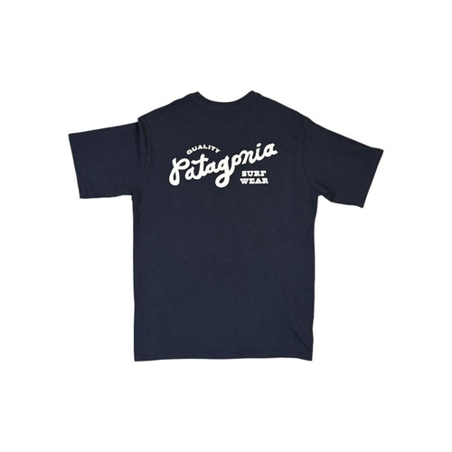 Navy surf wear t-shirt by Patagonia with a graphic text logo across the chest.
