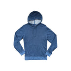 Blue hemp hoodie by Patagonia with a kangaroo pocket, and drawstring hood.