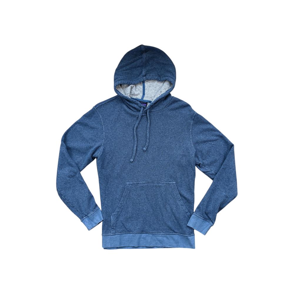 Blue hemp hoodie by Patagonia with a kangaroo pocket, and drawstring hood.