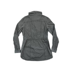 Green trench jacket by Kuhl featuring long sleeves, front button closure, and cinch waist.