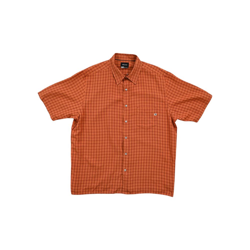 Orange button-up shirt by Marmot with a plaid pattern and a chest pocket.