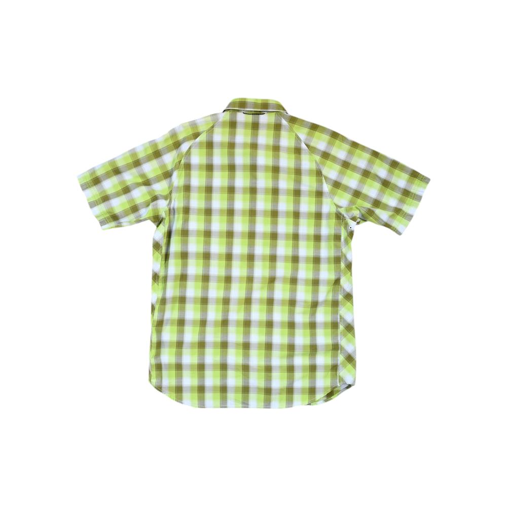 Yellow and green plaid short sleeve button-up shirt by REI with snap closures, seen from the back.

