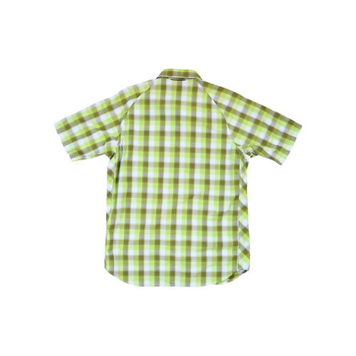 Yellow and green plaid short sleeve button-up shirt by REI with snap closures, seen from the back.
