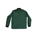 Green fleece pullover by Topo Designs with black accents on the sleeves and collar, shown from the back.