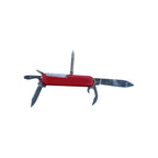 Red Wenger Highlander Swiss Army knife, multi-tool with blades and implements extended.