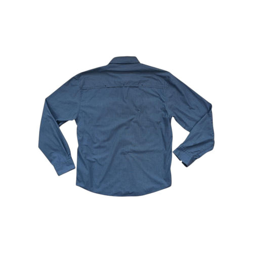 Blue long sleeve shirt by Howler Bros, seen from the back, with a button down collar and textured fabric.