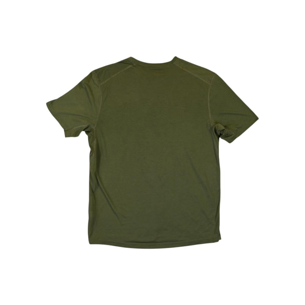 Green Patagonia Men's Capilene Cool Trail Shirt by Patagonia, shown in a back view.