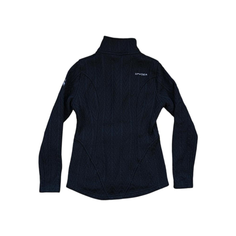 Black fleece jacket for women by Spyder, featuring a cable knit texture and mock neck.
