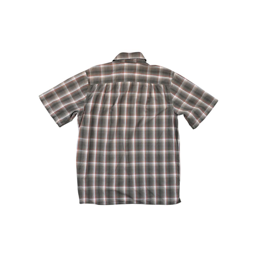 Green button-down shirt by Carhartt, with a plaid pattern and short sleeves, shown from the back.