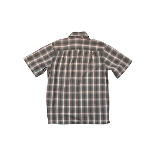 Green button-down shirt by Carhartt, with a plaid pattern and short sleeves, shown from the back.