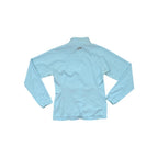 Blue full-zip softshell jacket by GoLite with long sleeves, shown in back view.