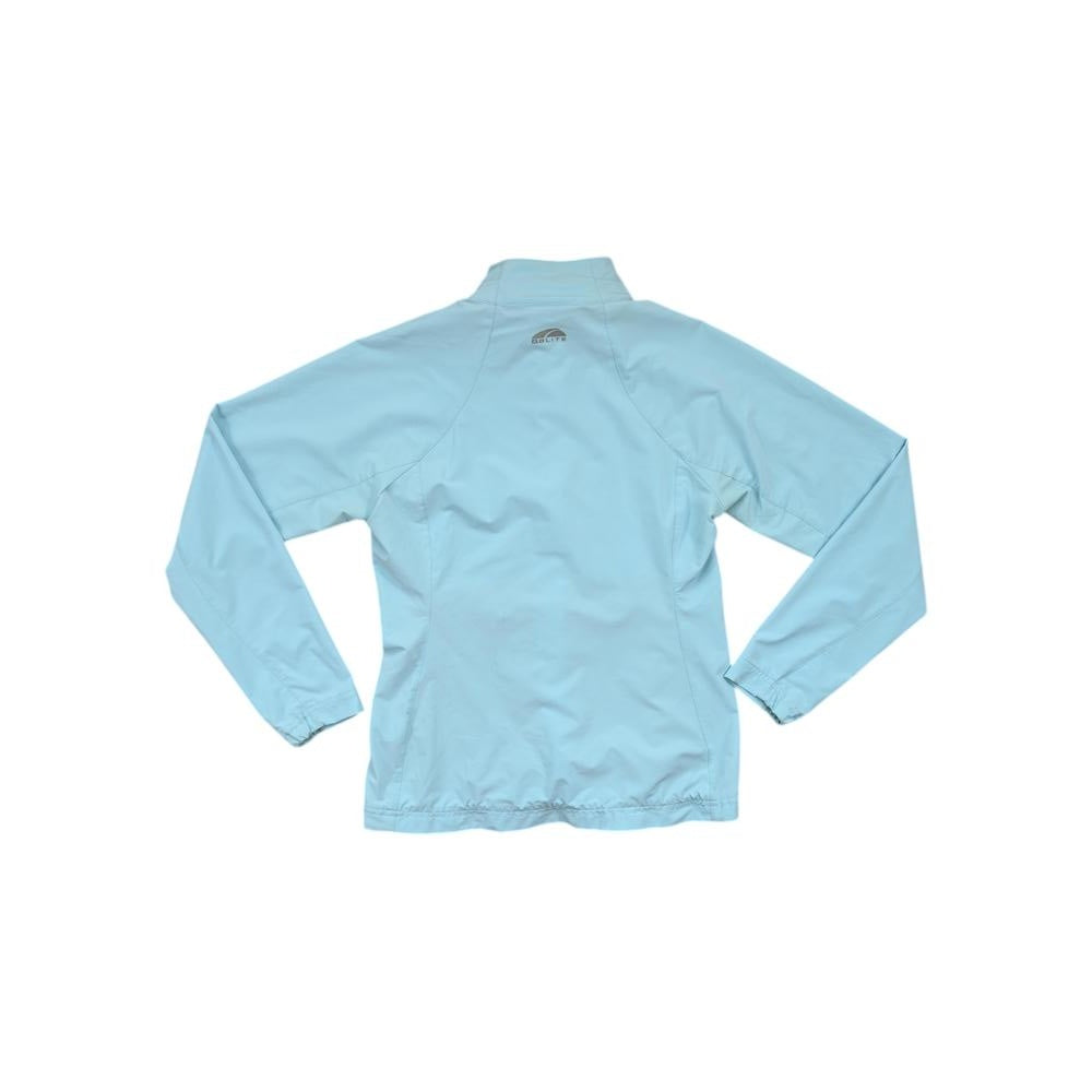 Blue full-zip softshell jacket by GoLite with long sleeves, shown in back view.