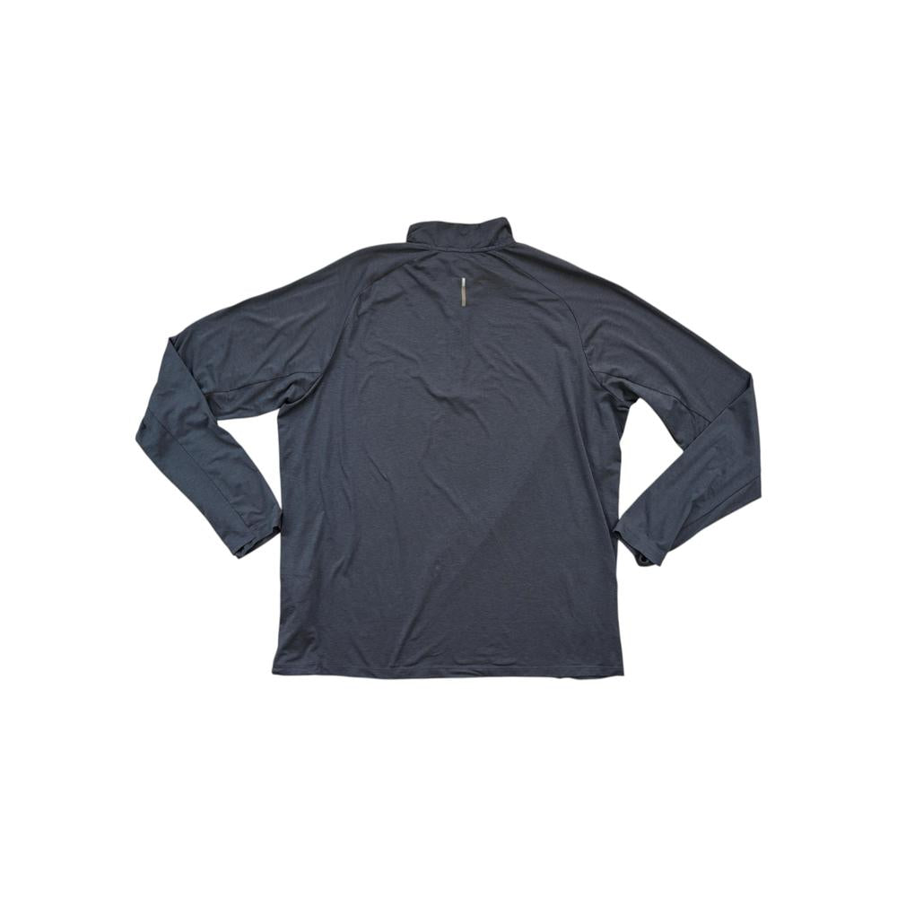 Grey long sleeve baselayer shirt by REI, with a mock neck and a quarter zip closure at the back.