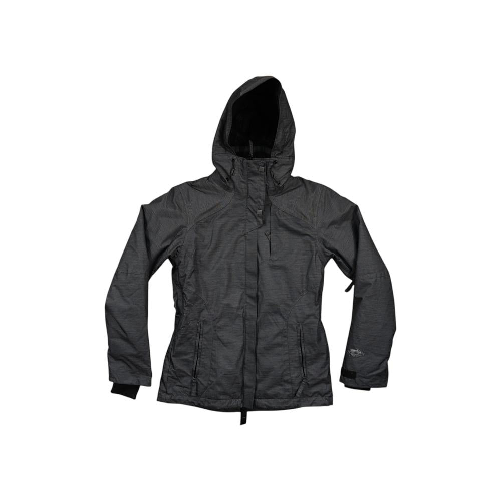 Gray 3-in-1 ski shell jacket by Columbia, with a hood and textured pattern.