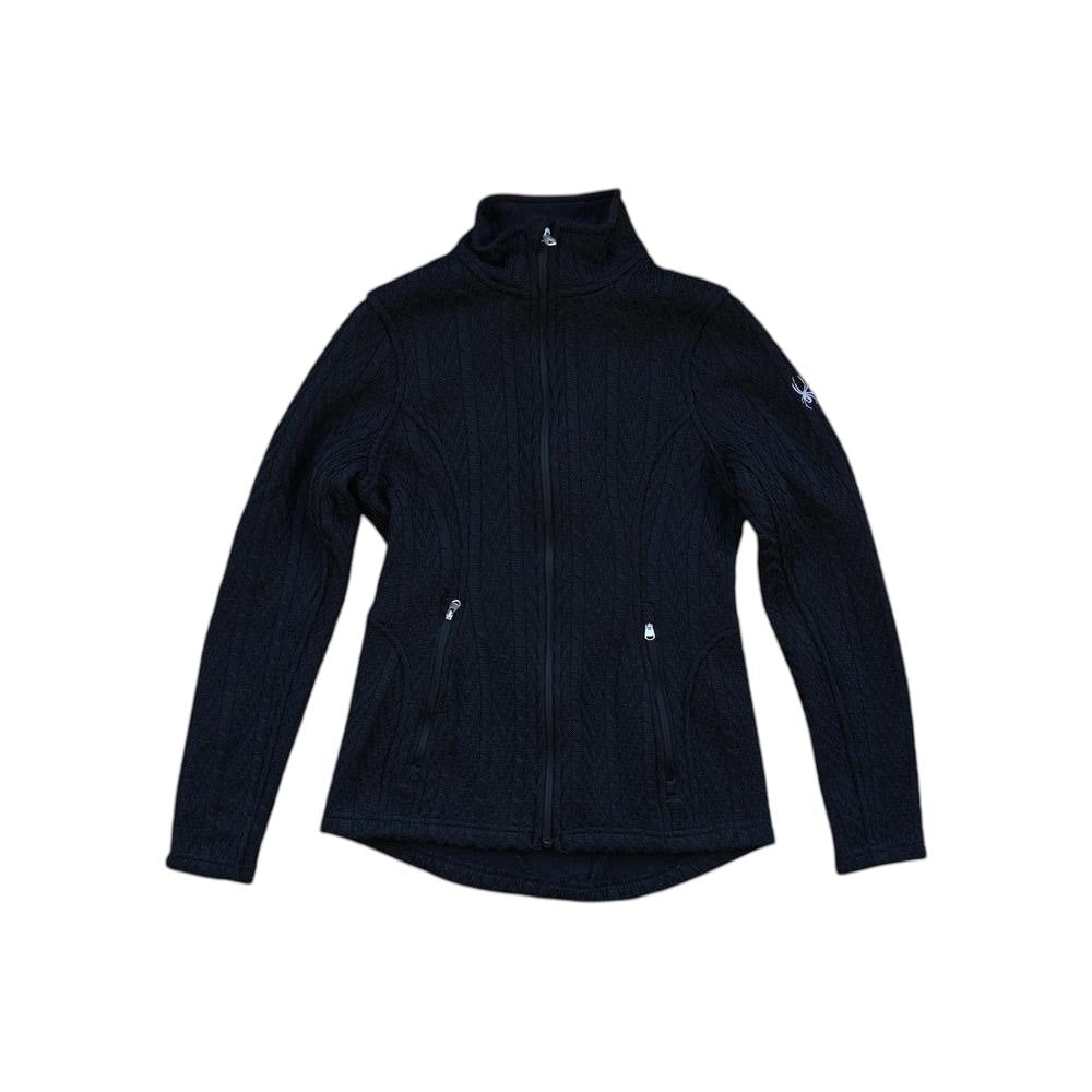 Black fleece jacket by Spyder with cable knit pattern, full zipper and side pockets.