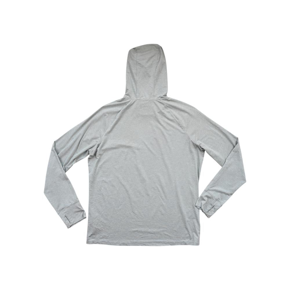 Gray long sleeve sun hoody shirt by REI, shown from the back with long sleeves.