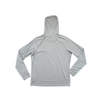 Gray long sleeve sun hoody shirt by REI, shown from the back with long sleeves.