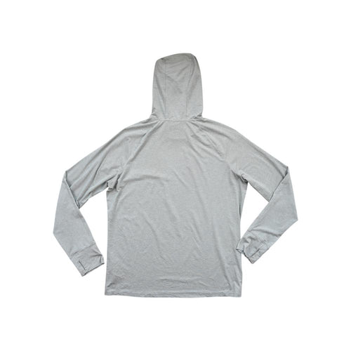 Gray long sleeve sun hoody shirt by REI, shown from the back with long sleeves.