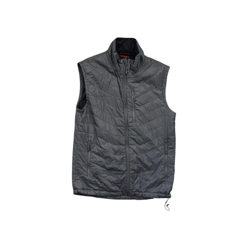 Gray insulated vest by Mammut with full zipper, quilted chevron pattern, and drawcord hem.